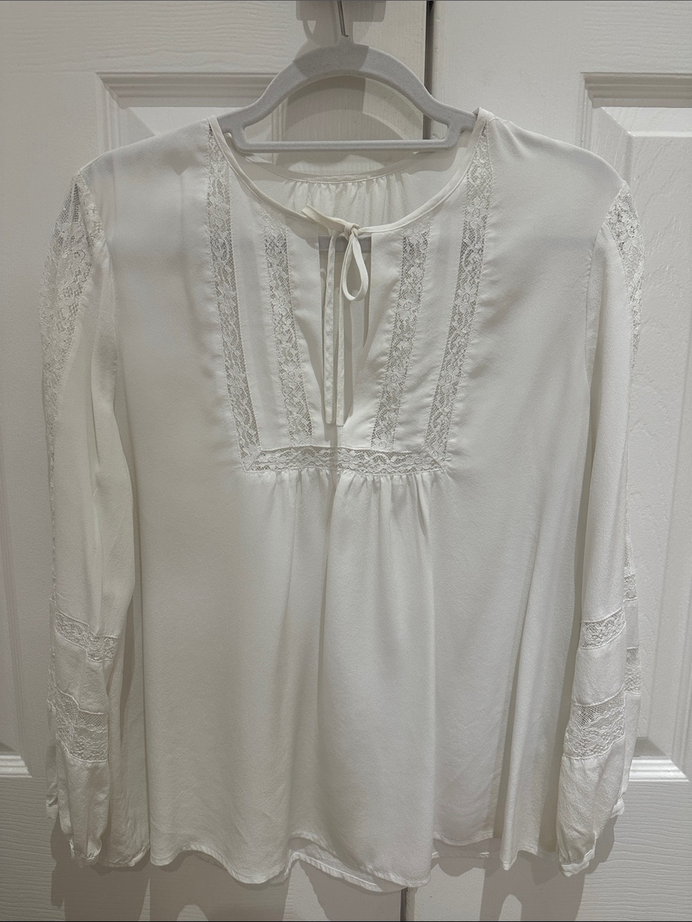 White Silk  Lace  Trim Peasant Blouse